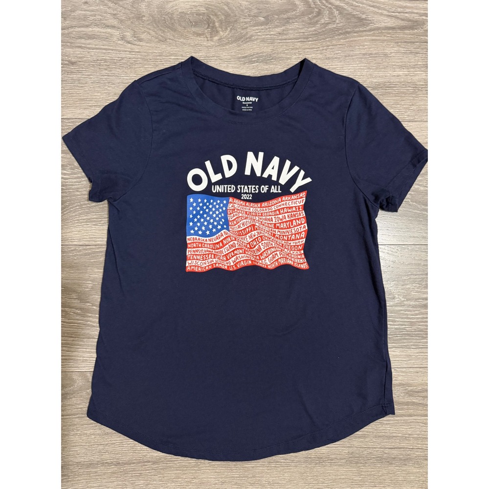 Old Navy Womens Everywear Navy Blue 2022 American Flag States Graphic Tee Small